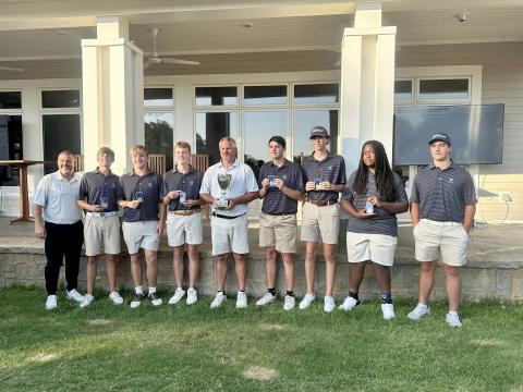(L-R) Coach Sandy Thornton, Carson Amabile, Kale Kurtz, Madden Drake, Head Coach Larry Kesler, Nolan Henderson, Landen Adams, Caleb Burton and Brayden Edwards pose with the GHSA Golf State Championship trophy after finishing first in the state at Arrowhead Pointe May 19 and May 20. (Photo courtesy of Elbert County Golf)