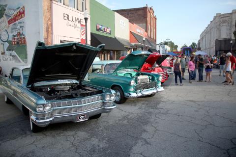The square in downtown Elberton was covered in classic rides for the 27th annual Cruise-In and Classic Car show on Saturday. Collectors brought a wide variety of vehicles and small engines to put on display for those in attendance. (Photo by Wells)