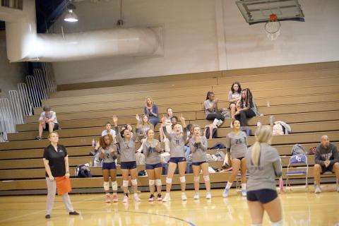 Elbert County volleyball players celebrate following a point. (Photo by Bo Underwood)