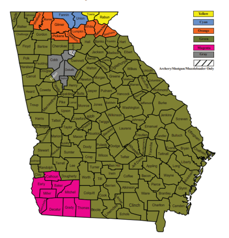 Counties in green, including Elbert County, are getting the rare opportunity to hunt antlerless deer with firearms on private land Oct. 4 and Oct. 5. (Photo courtesy of Georgia DNR)
