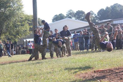 Elbert County Comprehensive High School’s national champion rope bridge team, who are members of the JROTC Raider team, took first place at Elbert’s home raider meet Oct. 18. (File photo by Mark Wells)