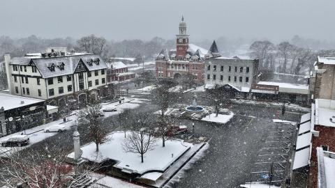 Aerial photos of the downtown square show the snowfall that came through Elbert County over the weekend. The winter storm was the second in two weeks. (Photo courtesy of Joe Dawson)