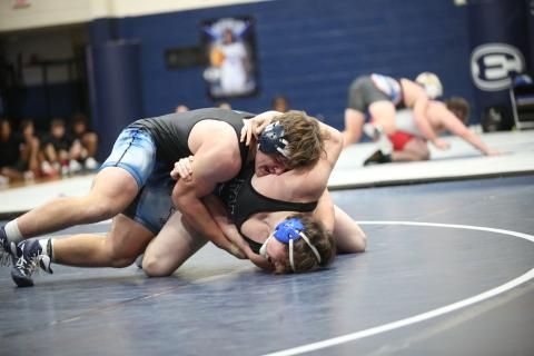 2026 215 lb. section champion Lincoln Blackmon corrals his opponent. (File photo by Mark Wells)