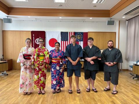 The 2025 group of sister city exchange students pose in traditional Japanese attire during their trip. (Photo by Megu Mi Ohta)