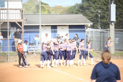 The Elbert County dugout celebrates a home run by Audrey Lunsford. (Photo by Bo Underwood)