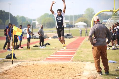 D.K. Winn competes in the triple jump at Elbert County’s home meet on March 31. (Photo by Bo Underwood)