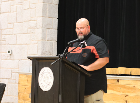 Sheriff Jamie Callaway speaks to the crowd during a political forum in October of 2024. (File photo by Julie Weeks)