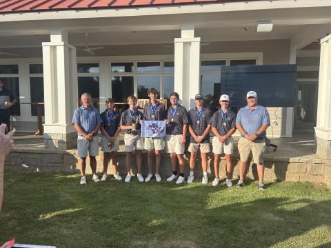 The Elbert County golf team (L-R), head coach Larry Kesler, Carson Amabile, Madden Drake, Landen Adams, Nolan Henderson, Ty Johnson, Maddox Adams and assistant coach Sandy Thornton won their second straight GHSA state championship Tuesday. (Photo by Bo Underwood)
