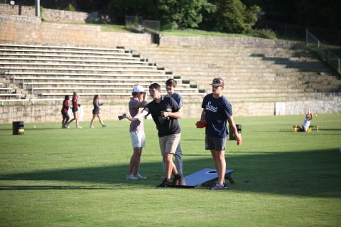 Members of Elbert County's golf team play cornhole at last year's state championship welcome party. (Photo by Bo Underwood)
