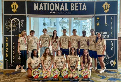The Elbert County Comprehensive High School Beta Club won a host of awards at the annual National Convention held June 16 through June 20. Pictured alongside their awards are (front row, L-R) Jurnee Porter, Marley Geyer, Kaylee Harvey, Kennedy Ray, Sequoia Singleton and (back row, L-R) Marie Roach, Tristan McCall, Jibril Engelhardt, Peyton Roach, Harrison Ray, Ty Johnson, Avery Newman, Mitchell Wheeler and Megan Ray. (Photo courtesy of Marie Roach)