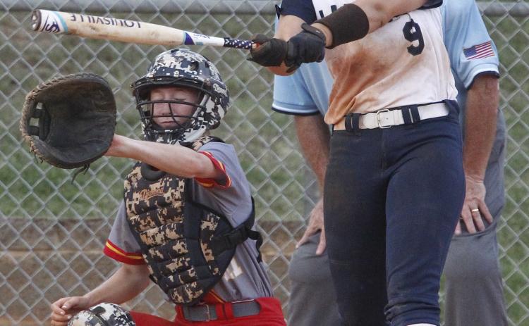 Lady Blue Devil senior Morgan Cavanaugh connects for a single in Elbert’s 8-7 seventh-inning win over Clarke Central Aug. 20 at King Field in Elberton (Photo by Cary Best)