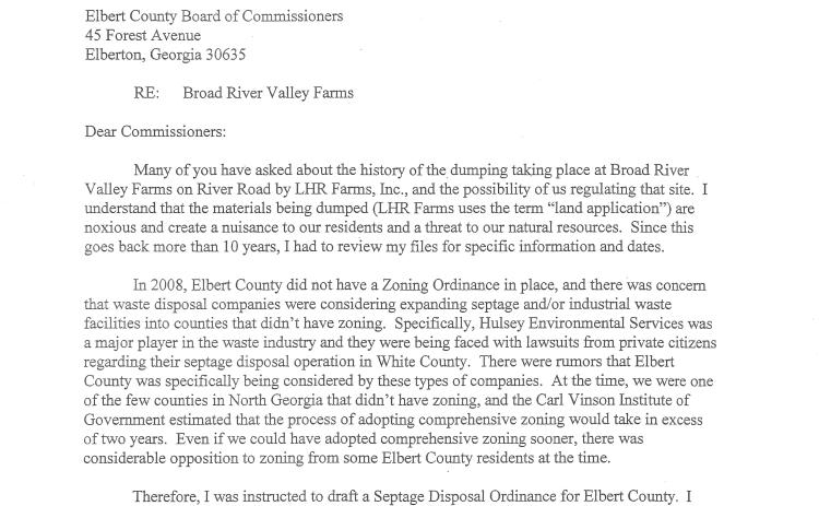 Bill Daughtry's letter to the Elbert County BOC