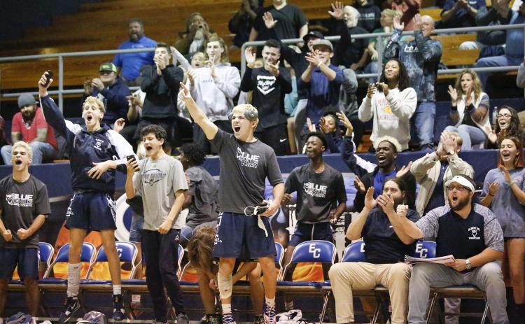 Mat Devil wrestlers, coaches and fans react to heavyweight Qwen Moss pinning Justin Tillman during Elbert County’s 47-13 victory over Crescent High School of Iva, South Carolina in the Inferno Dec. 17 in Elberton. (Photo by Cary Best)