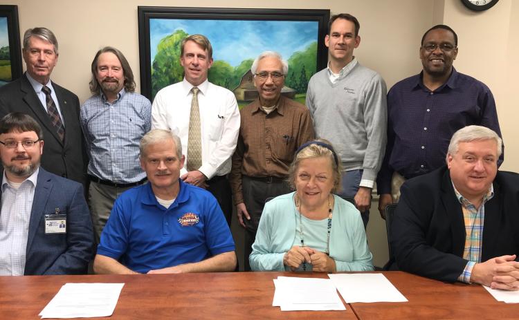 Elbert Memorial Hospital’s Authority Board at the Jan. 28 meeting of the authority included (front row, L-R) Elbert Memorial Hospital Authority Kerry Trapnell, member Tom Steele, member Gail Lavender, member Scott Wilson, (back row, L-R) member Steve Jenkins, member Max Black, member Leon Jourolmon, member Glenn Poon, Authority Chairman Daniel Graves and member Kam McClary. There are two vacancies on the authority. (Photo by Jones)