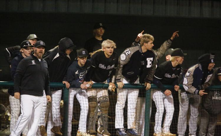 Diamond Devil head coach Lance Ingram and players (L-R) Storm Mills, Branson Mills, Austin Duck, Caden Brown, Cole Hudson, Jordan Mills, Carter Dye, Carson Adams and Kyle Moon react to tying the Eagles 3-all during the fourth inning of Elbert County’s 5-4 loss to Athens Christian Feb. 21 in Athens. (Photo by Cary Best)