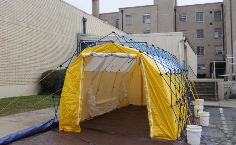 A tent was installed Monday just outside Elbert Memorial Hospital’s emergency room by the Elbert County Emergency Management Agency. (Photo by Scoggins)