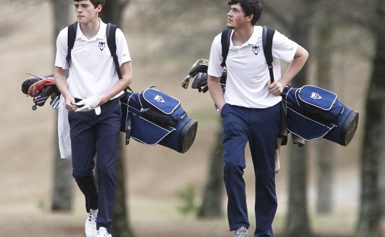 Blue Devil senior golfers Nathan Thornton (left) and Evan Yeargin led Elbert County’s team victory in the 2nd Annual Blue Devil Shootout Feb. 29 at Lake Richard B. Russell State Park’s Arrowhead Pointe Golf Course in Elberton. (Photo by Cary Best)