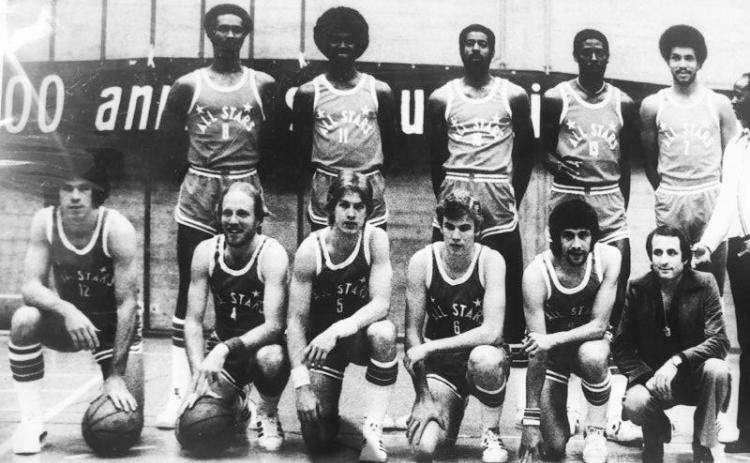 Don Hurburt (front row, third from left) poses with his 1977-78 American All Star team in Lugano, Switzerland.