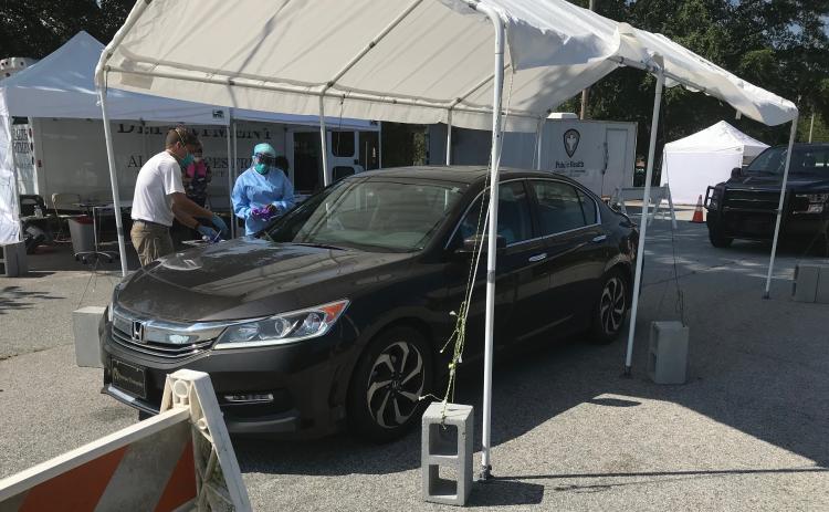 Two free tests were given in one car Monday as mobile testing for COVID-19 began in Elbert County. The tests are being conducted at the Elberton Civic Center through Friday afternoon, according to officials with the Northeast (Georgia) Health District. (Photo by Jones)