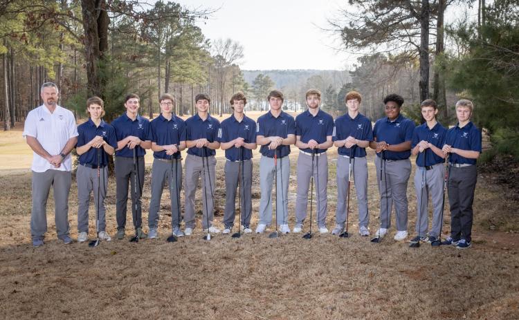 The Elbert County Blue Devil golf team consists of (L-R) Coach Larry Kesler, Slate Crook, Alex Dunbrack, Jake Harper, Thomas Brady, Levi Johnson, Brady Starrett, Ethan Cone, Braydon Scarborough, Kamuri Willis, Landon Cagle and Hayden Marunich.