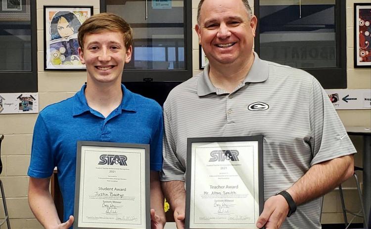 STAR Student at Elbert County Comprehensive High School (ECCHS) for 2020-2021 is Justin Bastyr (left), according to an announcement made by ECCHS and the Elbert County Chamber of Commerce. As his STAR Teacher for the year, Bastyr selected his AP Statistics teacher, Alton Smith (right).