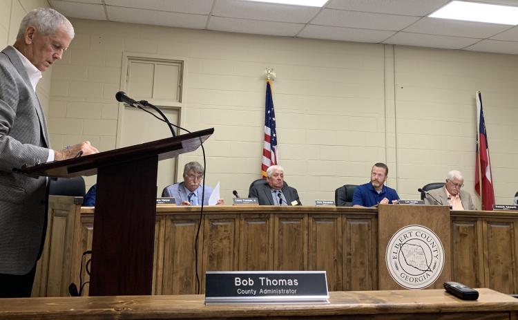 Elbert County’s Board of Commissioners, shown here in Monday night’s meeting, have some tough decisions to make on pay raise requests by the Elbert County Sheriff’s Office and the Elbert County Emergency Medical Services. (Photo by Scoggins)