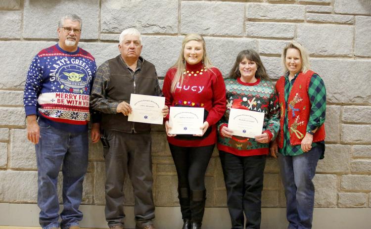 Elbert County Emergency Medical Services (EMS) honored members of the staff as First Responder, EMT, Paramedic and Communications Officer of the Year during their annual Christmas banquet and awards Thursday, Dec. 2 in the Historic Rock Gym. Pictured above are EMS Director Chuck Almond, First Responder of the Year Chris Alexander, EMT of the Year Sydney McIntosh, Paramedic of the Year Michelle Cleveland and EMS Deputy Director Beth Seymour. (Photo by Scoggins)
