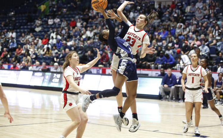 Lady Devil Niya Moon attempts to attack the basket but is blocked and knocked down by a Rabun County defender during the GHSA state championship game in Macon Thursday, March 10. (Photo by Scoggins)