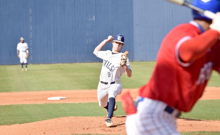 Senior Caden Brown throws a pitch during the first game against Oglethorpe County High School Thursday, April 7. (Photo by Shane Scoggins, Publisher of the Franklin County Citizen)