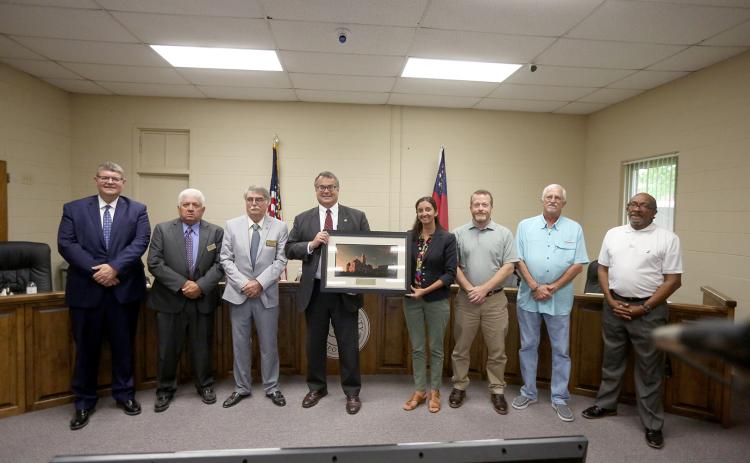 Georgia House Rep. Rob Leverett was honored by the Association of County Commissions of Georgia (ACCG) during Monday’s Elbert County Board of Commissioners meeting with a 2022 Legislative Service Award. Pictured during the meeting are (L-R) County Attorney Bill Daughtry, commissioners Chris Alexander and Casey Freeman, Leverett, Kathleen Bowen from the ACCG, commission chairman Lee Vaughn and commissioners Kenneth Ashworth and Freddie Jones. See the full press released on page 10. (Photo by Scoggins)