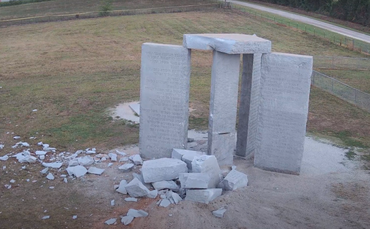 Drone footage from Elbert County Emergency Services shows the aftermath of the bombing at the Georgia Guidestones Wednesday, July 6. After a request from the Georgia Bureau of Investigation, the Elbert County Board of Commissioners authorized the demolishing of the monument later that afternoon. (Photo taken via screen shot of drone footage from Elbert County Emergency Services)