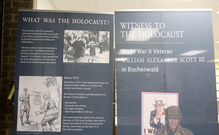 The first exhibit of a three-exhibit tour on the Holocaust is on display at the Elbert County Public Library until Aug. 22. The second exhibit will begin Aug. 29. (Photo by Scoggins)