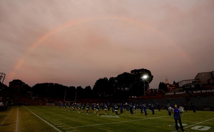 A rainbow appeared over the Granite Bowl during the pre-game festivities of Thursday’s homecoming football game. The game was rescheduled to Thursday as a precaution to potential weather impacts from Hurricane Ian. (Photo by Scoggins)