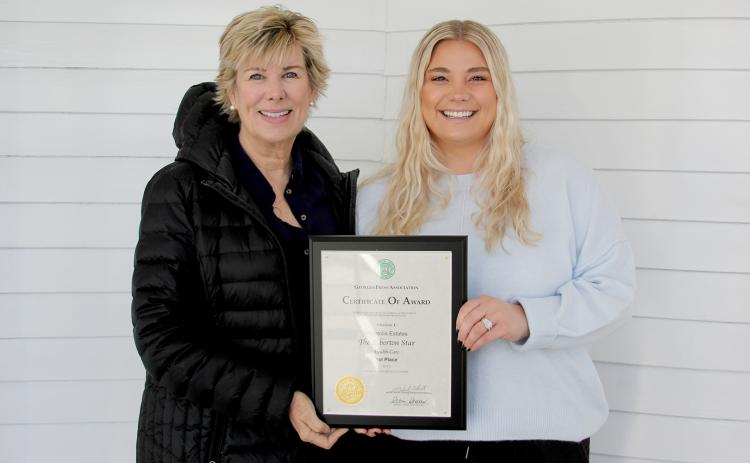 The Elberton Star recently won a trio of first place awards in the Georgia Press Association’s 2022 Advertising Contest. Pictured with the awards are (left photo, L-R) Star Advertising and Sales Representative Valerie Evans and Magnolia Estates’ Kailey Winn. (Photo by Scoggins)