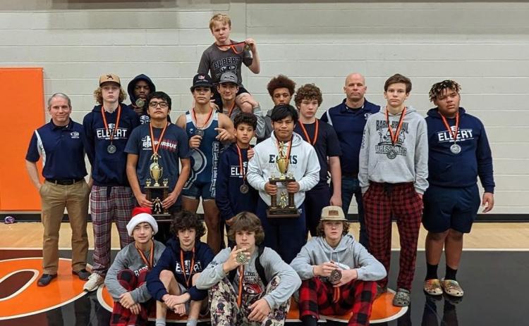 The Elbert County Middle School Mat Rams finished in second place during the region duals at Hart County Dec. 10. Pictured following the meet are (first row, L-R) Cruz Floyd, Lane Fleming, Brycin Hughes and Matt Coker; (second row, L-R) Coach Eli West, Owen Robertson, Alvin Medellin, Kaden Montgomery, Justin Skelton and  Jesus Mills; (third row, L-R) Javares Bowman, Rilee Rucker and Cooper West, Rashaad Moss, T.J. Osborne, Coach Marc Fleming, Hudson Fleming and Brenton Willis.