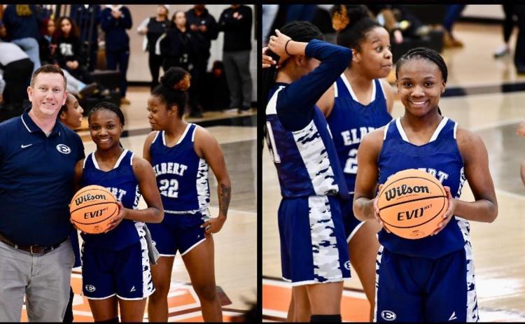Senior Lady Devil Terrace Hester hit her 1,000th career point during Elbert’s 82-51 win over Hart County Friday, Dec. 23. Hester was recognized for the achievement during the game. (Photos courtesy of Elbert Count True Blue Booster Club)