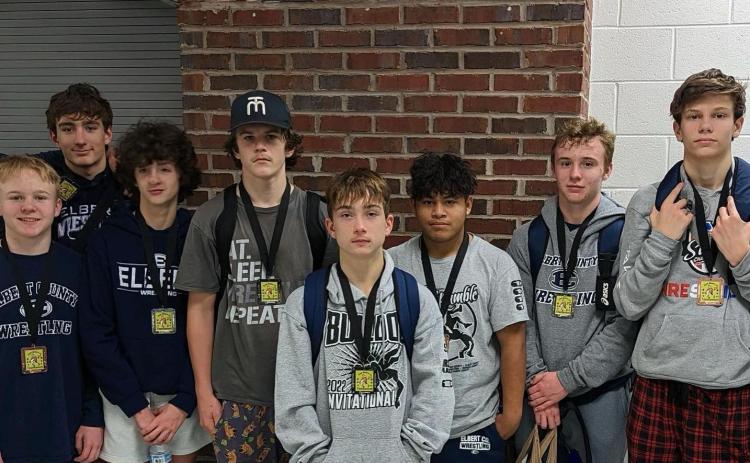 Junior varsity wrestlers who competed in the East Metro Tournament over the winter break and finished in the Top 6 in their weight division were (L-R) Cooper West, Rilee Rucker, Lane Fleming, Brycin Hughes, Cruz Floyd , Jesus Mills, Sawyer West and Hudson Fleming.