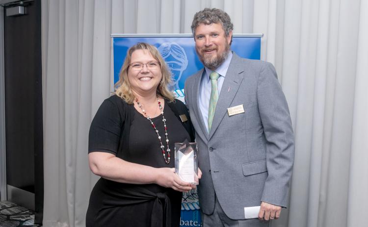 Elbert County Probate/Magistrate Court Judge Stephanie Hewell (left) is pictured with the Council of Probate Court Judges President Judge B. Shawn Rhodes as she receives the 2023 Rising Star award.