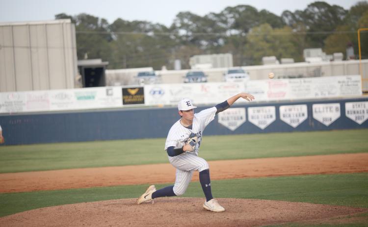 Haven Adams throws a pitch against Athens Christian at Diamond Devil field March 28. (Photo by Wells)