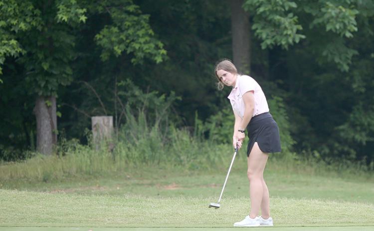 Senior Emalise Andrews was in full swing at Arrowhead Pointe Golf Course Monday at the start of the GHSA Single A Division 1 State Championship. (Photos by Wells)