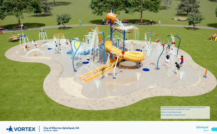 The City of Elberton approved a splash pad project that will be similar to the above 3D rendering from Vortex International. The 5,000 square foot project will include the splash pad with 40 water spray features, two slides and a dumping bucket as well as restrooms, a parking area and fencing.