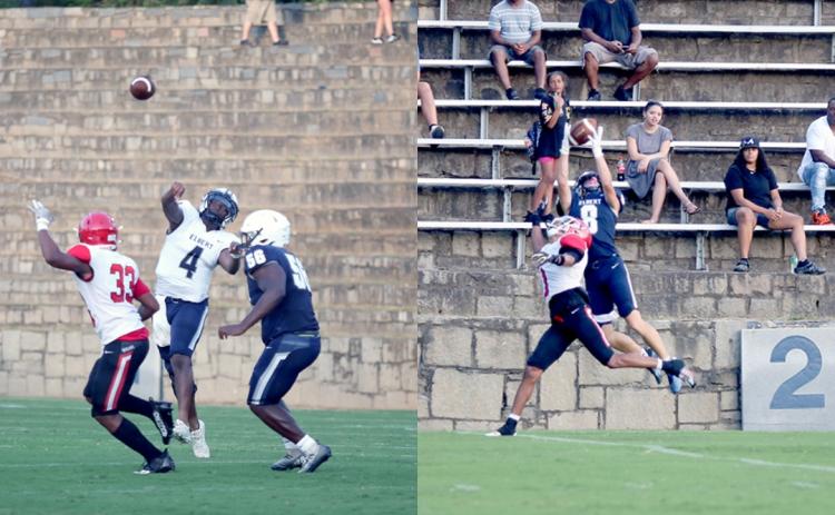 Left, senior Eli Harris catches a 48-yard touchdown pass from quarterback Jayvyn Hickman to score the Devils’ first touchdown during a scrimmage against Stephens County in the Granite Bowl Aug. 4. Right, Hickman throws a pass during the scrimmage. (Photos by Wells)