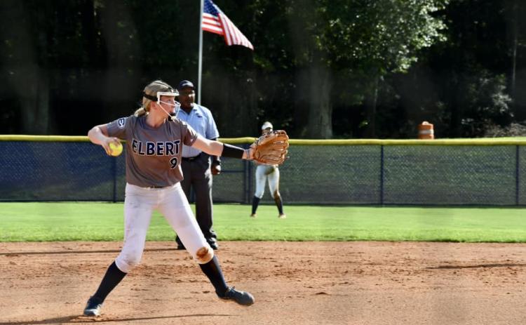 No. 9 Audrey Lunsford throws over to first base after fielding the ball in Elbert’s 14-2 win over Athens Christian Aug. 29. Lunsford finished the game going 2-for-3 at the plate with a home run, two RBIs and three runs. (Photo by Bethany Booth)