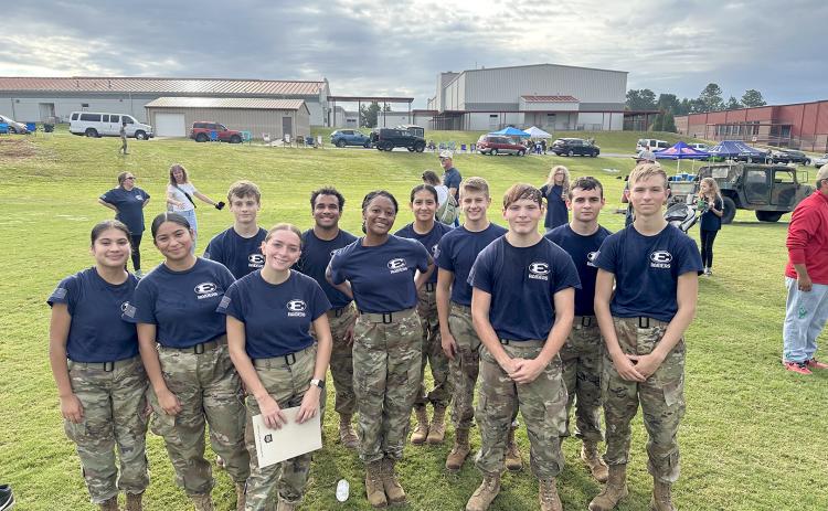 Above, pictured during Saturday’s meet in Winder are (L-R) Linda Garcia, Eva Garcia, Tyson Haigood, Commander Isabella Harpold, Jamaze Hall, Kel Tukes, Allison Medina, Wyatt Stelter, Commander Josiah Harkins, Colton Mabry and Tommy Beahringer. The Raiders brought home first and third place finishes during the meet.