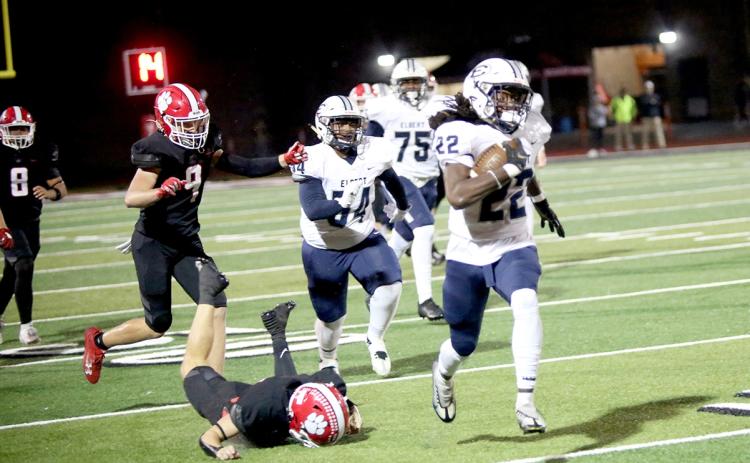 No. 22 Jacari Barnett leaves a Rabun County defender in his wake on his way to a 64-yard touchdown run to give Elbert a 7-0 lead in the first quarter of the win over Rabun Oct. 13. Barnett finished with 154-yards rushing on 28 carries with one touchdown.  (Photos by Wells)