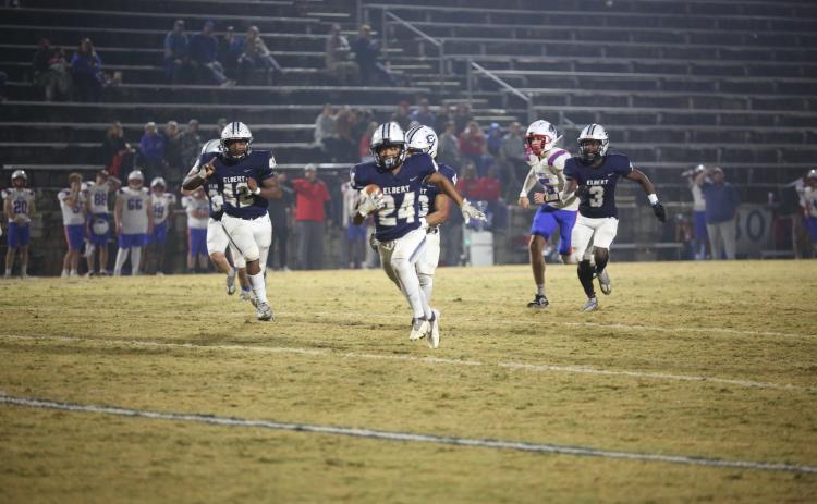 No. 24 Terrez Allen runs to the end zone after intercepting an Oglethorpe pass. Allen had a hand in  multiple turnovers as he finished the game with an interception return for touchdown and a fumble recovery. (Photo by Wells)