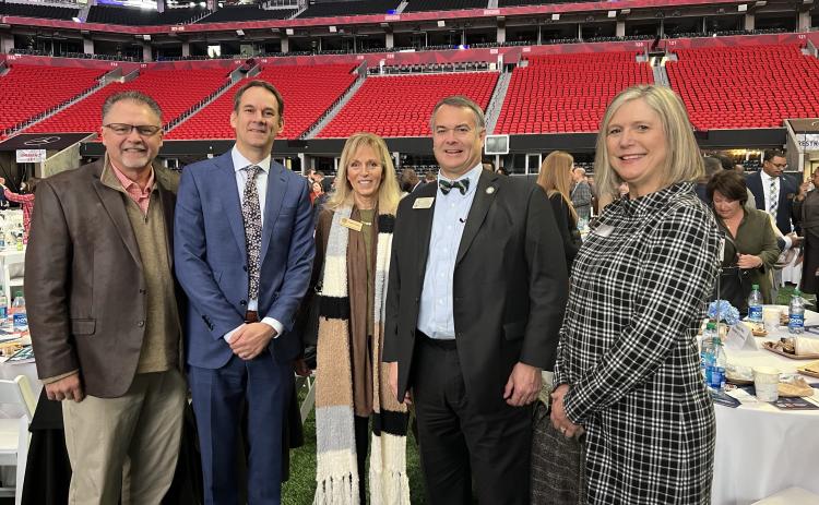 Elbert County was well represented during the annual Eggs and Issues breakfast sponsored by the Georgia Chamber of Commerce at Mercedes-Benz Stadium Jan. 10. Pictured are (L-R) Elbert County Chamber of Commerce Board Member Quinn Floyd, also of AQ Stone Designs, Mayor Daniel Graves, Georgia Vocational Rehabilitation Agency Board Secretary and Friends Helping Friends Club, Inc. Founding President Sandy Adams, Georgia House Rep. Rob Leverett and Athens Technical College President Andrea Daniel.