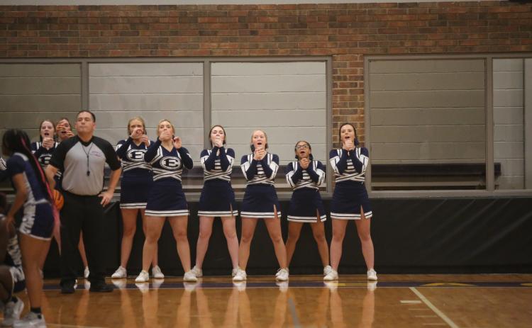 The Elbert County basketball cheerleaders lead the fans in a cheer during Elbert’s Jan. 12 game against Athens Christian. (Photo by Wells)
