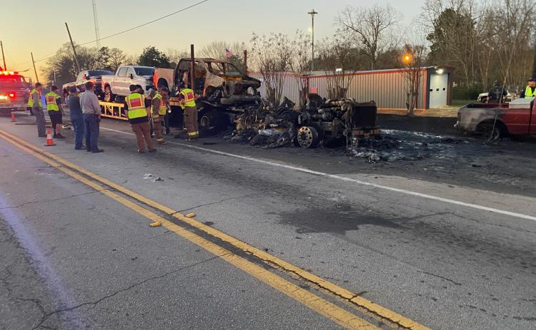 A vehicle fire near the four-way stop in Bowman temporarily shut down access to Highway 17 and Highway 172 in the afternoon of Feb. 14. (Photo courtesy of Elbert County Emergency Services)