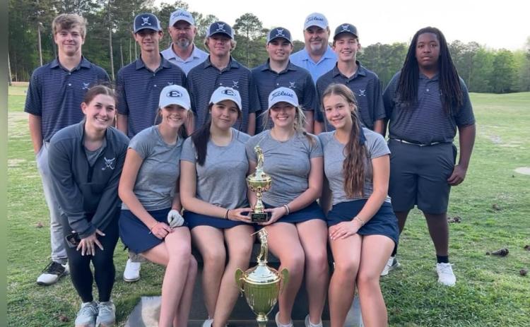 The Devils and Lady Devils golf teams pose with the Border War trophy after beating Hart County and Franklin County in three, nine-hole matches held at the home course for each team. (Photo courtesy of Elbert County Golf)